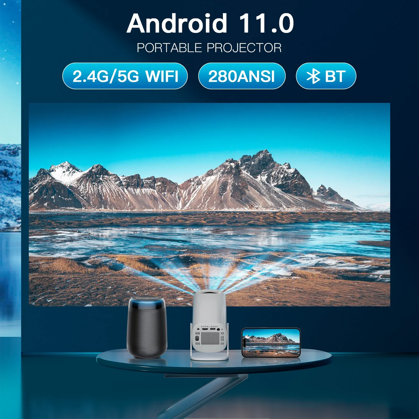 Smart Mini Portable Projector with Android 11, Wifi 6, and Bluetooth – Perfect for Outdoor Entertainment!
